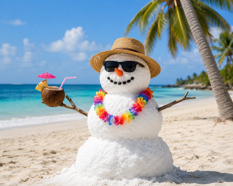 Un muñeco de nieve en una playa soleada con sombrero de paja, lentes de sol y collar de flores, sosteniendo un coco