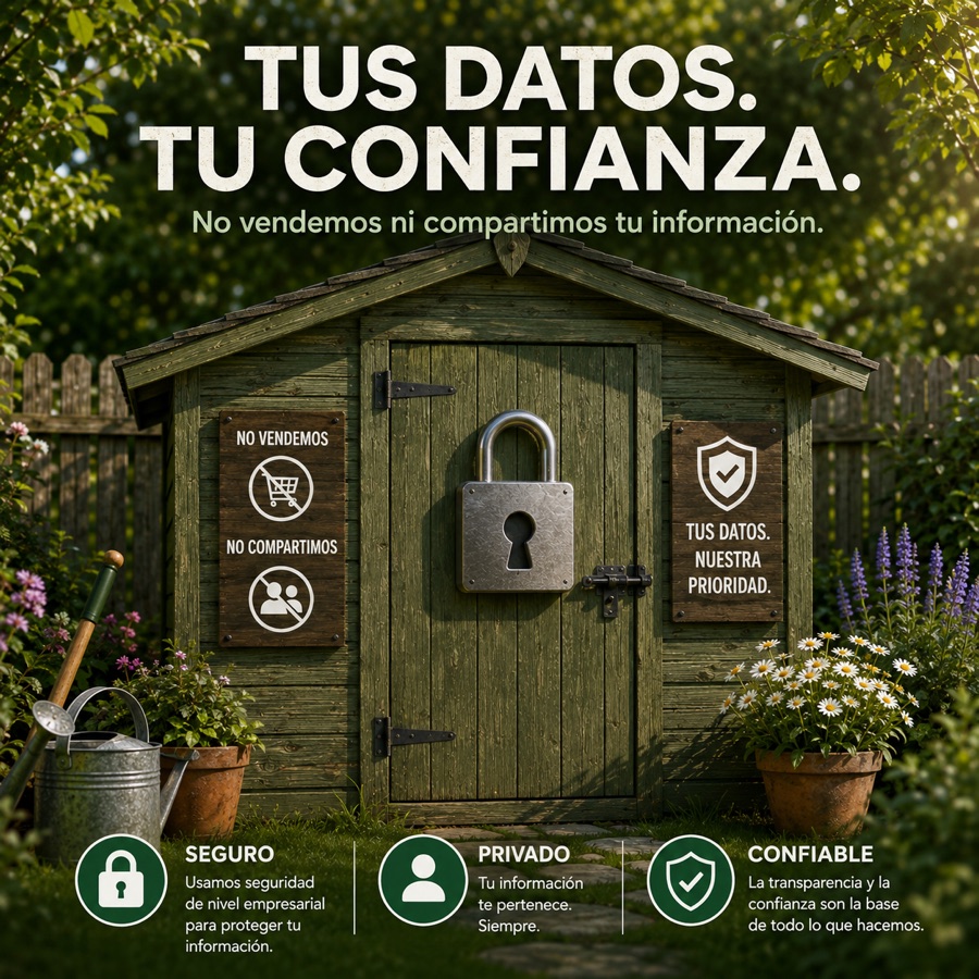 Un cobertizo verde con un gran candado en la puerta y letreros de madera que dicen No vendemos, No compartimos, Tus datos nuestra prioridad