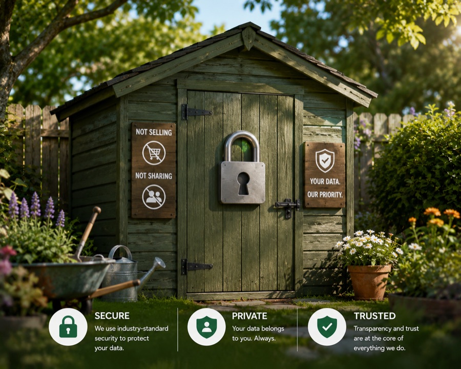 A green shed with a big padlock on the door and wooden signs reading Not Selling, Not Sharing, Your Data Our Priority