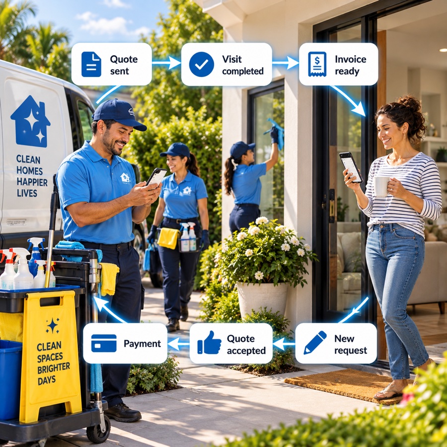Un limpiador junto a su camioneta y una clienta en el porche de su casa, cada uno con su tel&eacute;fono. Entre ellos, las notificaciones van y vienen: cotizaci&oacute;n enviada, visita completada y factura lista llegan a la clienta; nueva solicitud, cotizaci&oacute;n aceptada y pago recibido regresan al limpiador.